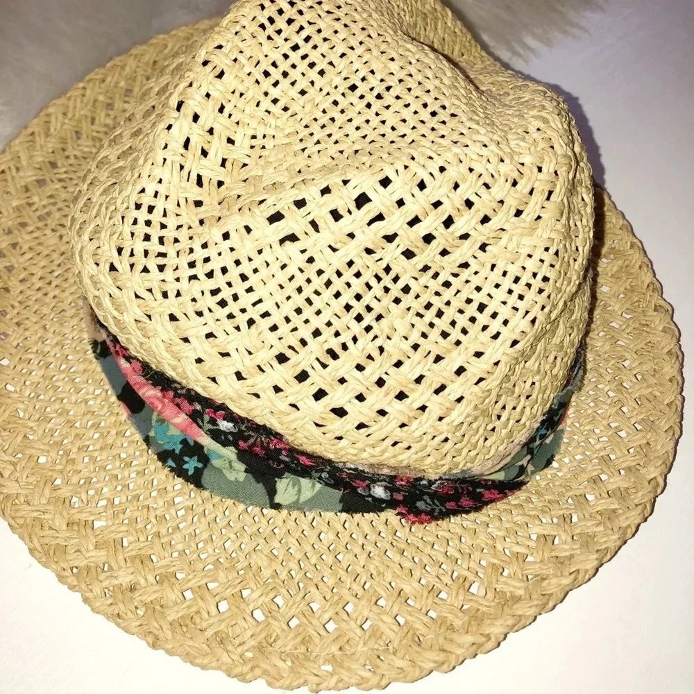 Floral straw fedora hat
